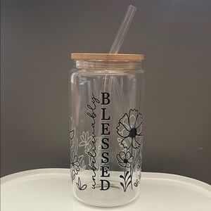 Glass Tumbler with Straw and Bamboo Lid